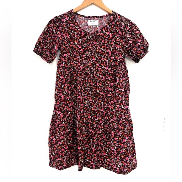 Old Navy Other - OLD NAVY burgundy floral button down tiered prairie short sleeve dress size L